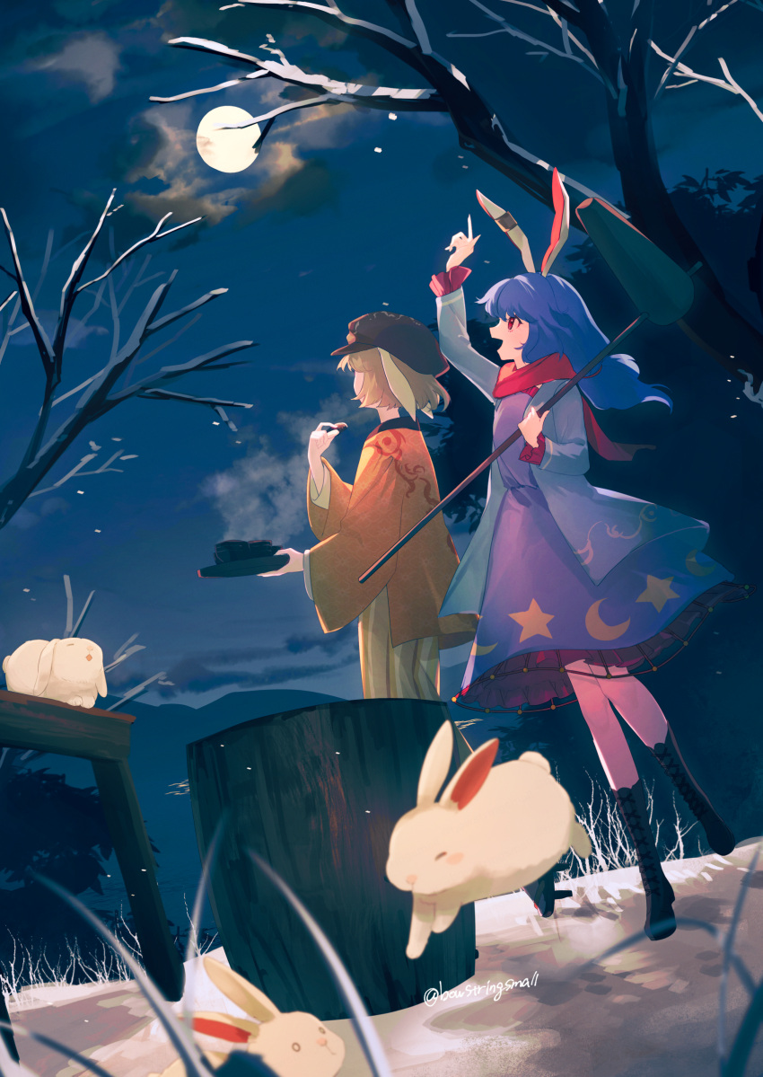 2girls animal animal_ears blonde_hair blue_dress blue_hair brown_headwear cabbie_hat crescent_print dress earclip floppy_ears full_moon hat highres holding kine koito_(bowstringsmall) long_hair long_sleeves mallet moon multiple_girls rabbit rabbit_ears red_eyes red_scarf ringo_(touhou) scarf seiran_(touhou) short_hair star_(symbol) star_print touhou twitter_username