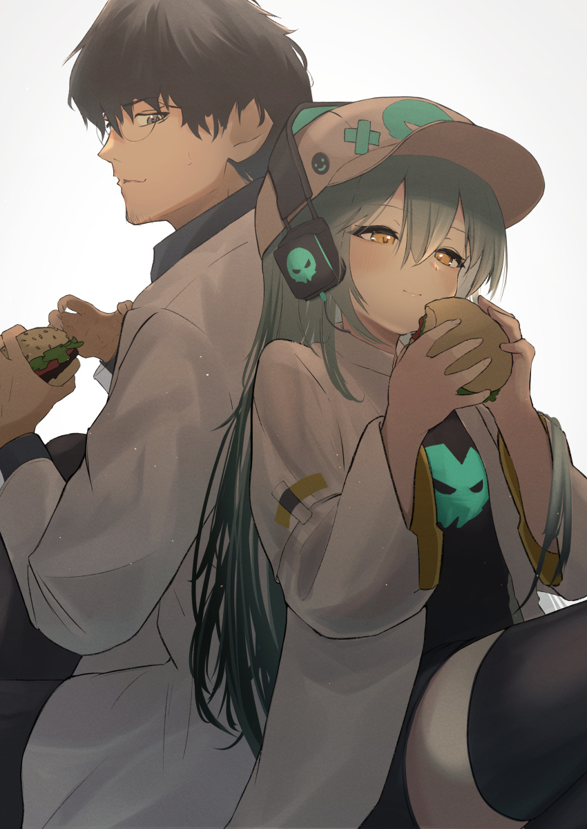 1boy 1girl absurdres antonina_(girls'_frontline_nc) aqua_hair baseball_cap black_dress black_hair black_thighhighs blush burger commentary_request dress eating facial_hair food girls'_frontline girls'_frontline_neural_cloud glasses grey_eyes hair_between_eyes hat headphones highres holding holding_food labcoat long_hair looking_back male_professor_(girls'_frontline_nc) professor_(girls'_frontline_nc) ryunosuke_nikaido short_hair skull_print smile sweatdrop thighhighs yellow_eyes zettai_ryouiki