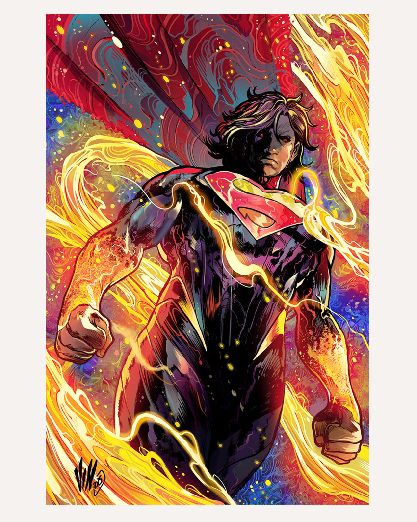 1boy absolute_dc absolute_superman abstract_background artist_name black_hair blue_bodysuit bodysuit cape clark_kent comic_cover dc_comics dc_universe_(franchise) full_body highres long_sleeves male_focus muscular muscular_male no_gloves red_cape signature solo solo_focus superhero_costume superman superman_(series) superman_logo vinartwork western_comics_(style)