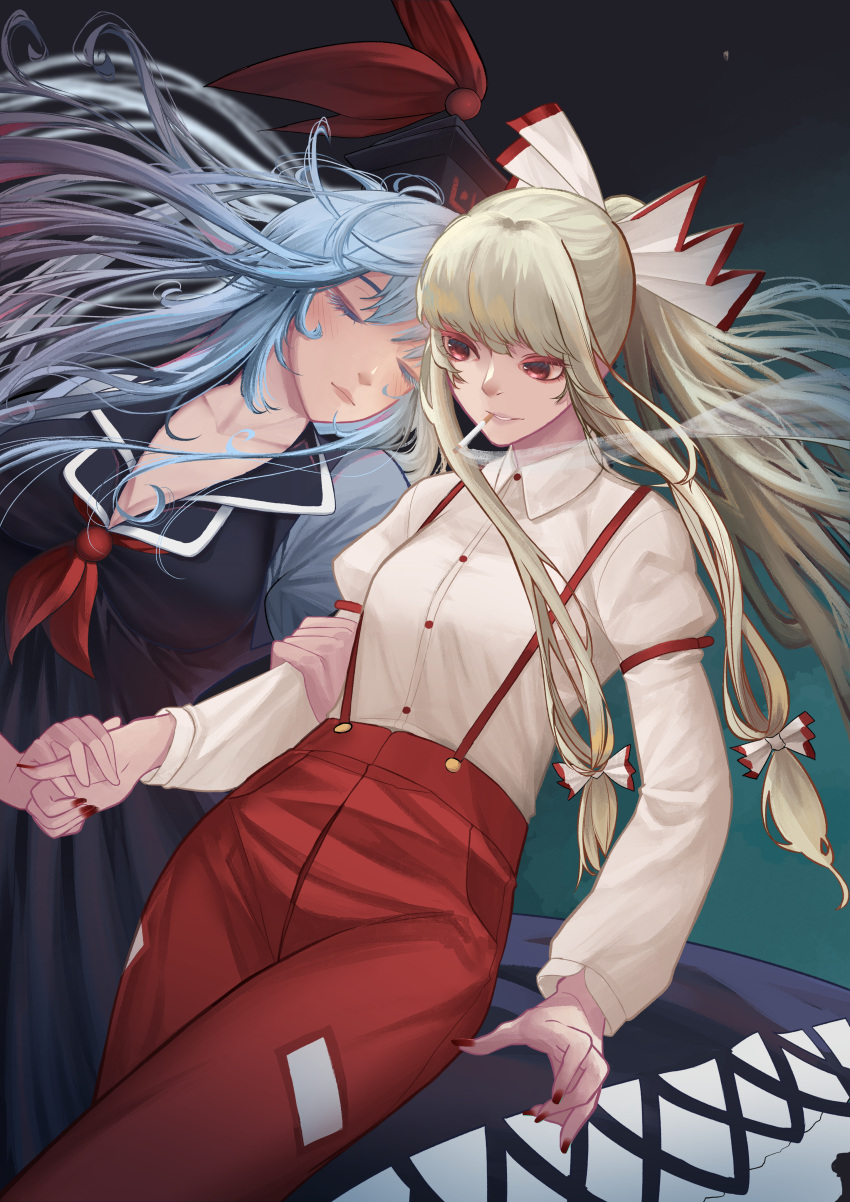 2girls absurdres blue_dress blue_hair bow breasts buttons cigarette cleavage closed_eyes colored_eyelashes dress fujiwara_no_mokou hair_bow hat highres holding_hands kamishirasawa_keine leaning_on_person long_hair long_sleeves multiple_girls multiple_hair_bows nail_polish pants red_eyes red_nails red_pants shirt smoke smoking suspenders sweet_reverie touhou very_long_hair white_bow white_hair white_shirt yuri