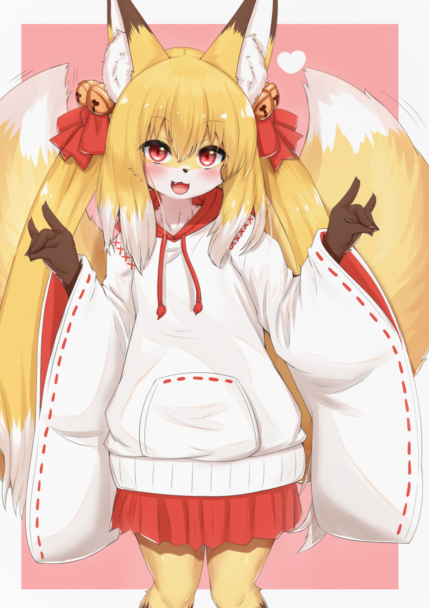 2023 2_tails anthro asian_clothing blush canid canine clothed clothing cute_fangs digital_media_(artwork) east_asian_clothing female female_anthro fox fox_shadow_puppet fur gesture hair hi_res hoodie horokusa0519 japanese_clothing kemono looking_at_viewer mammal miko_outfit multi_tail multicolored_body multicolored_fur multicolored_hair nio_(horokusa) portrait shrine_maiden solo tail three-quarter_portrait topwear