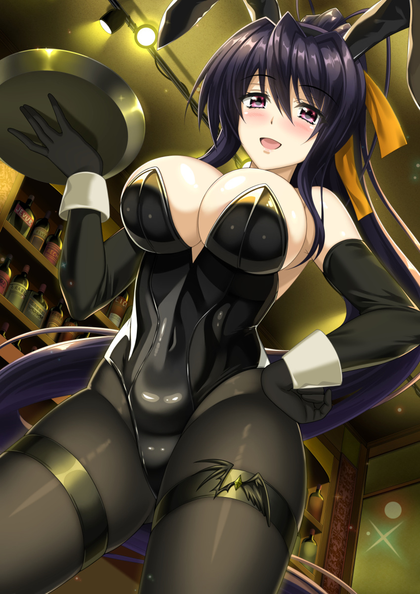 1girl :d alcohol bangs bar_(place) black_gloves black_hair black_leotard black_pantyhose blush bottle breasts ceiling_light covered_navel elbow_gloves floating_hair from_below gloves hair_between_eyes hair_ribbon high_ponytail high_school_dxd highres himejima_akeno holding holding_tray large_breasts leotard long_hair orange_ribbon pantyhose playboy_bunny purple_eyes ribbon shelf shibata_rai smile solo thigh_strap thighs tray very_long_hair wrist_cuffs