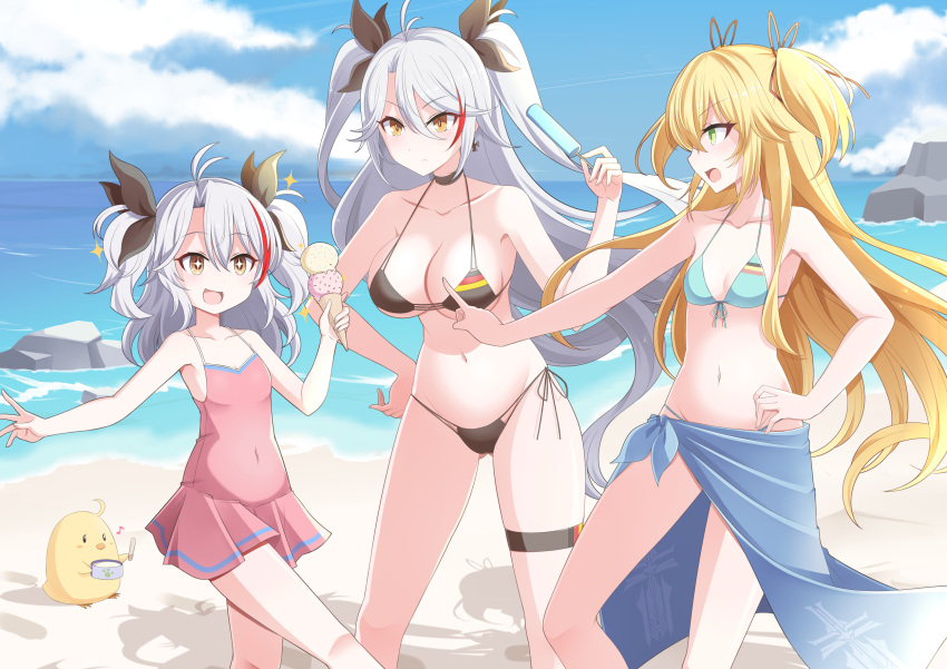 +_+ 3girls admiral_hipper_(azur_lane) alternate_costume azur_lane beach bikini black_bikini blonde_hair blue_bikini blue_sarong cross dress flag_print german_flag_bikini green_eyes hebitsukai-san highres holding_ice_cream iron_cross little_prinz_eugen_(azur_lane) long_hair manjuu_(azur_lane) multicolored_hair multiple_girls ocean official_alternate_costume orange_eyes pink_dress prinz_eugen_(azur_lane) prinz_eugen_(unfading_smile)_(azur_lane) red_hair sand sarong shadow side-tie_bikini_bottom standing streaked_hair summer swimsuit thigh_strap two-tone_hair very_long_hair water white_hair