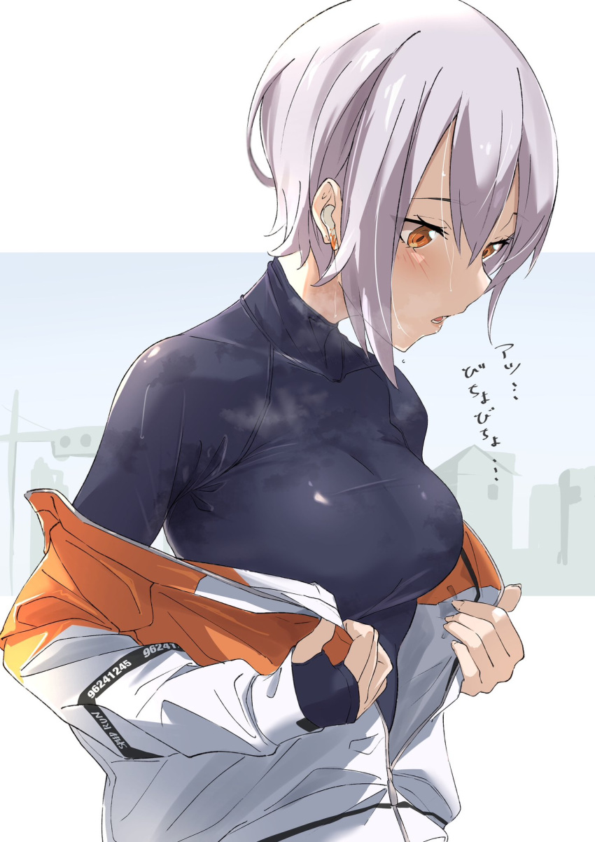 1girl black_undershirt breasts earbuds earphones grey_hair high_collar highres jacket large_breasts long_sleeves open_clothes open_jacket orange_eyes original short_hair showhey!! solo stained_clothes steaming_body sweat sweaty_clothes wireless_earphones