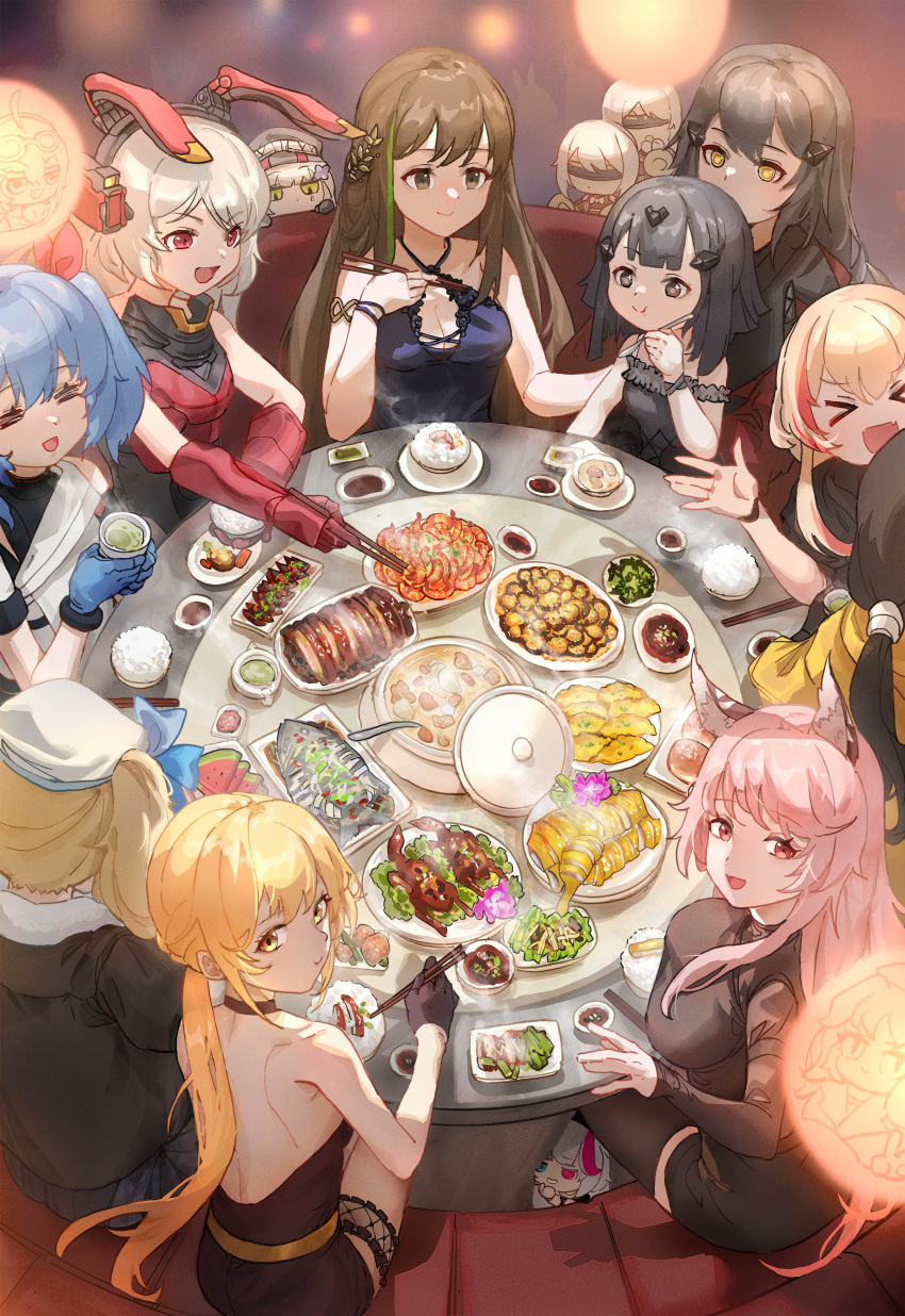 &gt;_&lt; 6+girls :d :t absurdres animal_ears anna_(girls'_frontline) bare_shoulders black_dress black_hair blonde_hair blue_hair brown_hair charolic_(girls'_frontline_2) chibi chopsticks clukay_(girls'_frontline_nc) colphne_(girls'_frontline_2) commentary_request cup dandelion_(girls'_frontline) dress eating feast food from_above gentiane_(girls'_frontline) girls'_frontline girls'_frontline_2:_exilium girls'_frontline_neural_cloud green_tea griffin_&amp;_kryuger_military_uniform headgear highres hk416_(girls'_frontline) holding holding_cup kalina_(girls'_frontline) kuro_(girls'_frontline_nc) long_hair m4_sopmod_ii_(girls'_frontline) m4a1_(girls'_frontline) m4a1_(suspender_of_time)_(girls'_frontline) mdr_(girls'_frontline) mechanical_ears multiple_girls nyto_(girls'_frontline) official_alternate_costume open_mouth ots-14_(girls'_frontline) ots-14_(sangria_succulent)_(girls'_frontline) pink_eyes pink_hair rabbit_ears red_eyes rice ro635_(girls'_frontline) round_table short_hair side_ponytail sitting sitting_on_lap sitting_on_person smile spoon table tea undine_(girls'_frontline_nc) vepley_(girls'_frontline_2) yellow_eyes zerowill