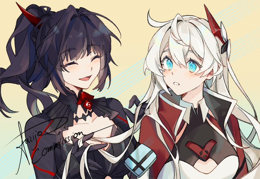 2girls :d absurdres ahoge bangs blue_eyes breasts cleavage cleavage_cutout closed_eyes clothing_cutout commission fuzijo hair_ornament hand_in_another's_hair highres honkai_(series) honkai_impact_3rd horns kiana_kaslana kiana_kaslana_(void_drifter) long_hair medium_breasts multiple_girls oni_horns open_mouth purple_hair raiden_mei raiden_mei_(danzai_spectramancer) shrug_(clothing) sidelocks signature smile very_long_hair white_hair yuri