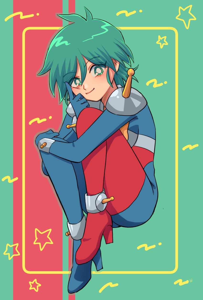 1girl absurdres allenby_beardsley beni_(karen5915) blush bodysuit g_gundam green_eyes green_hair gundam hair_between_eyes high_heels highres knees_up mobile_trace_suit short_hair shoulder_pads sitting smile solo squiggle star_(symbol) two-tone_bodysuit