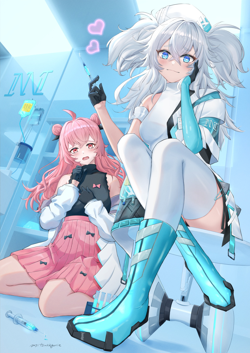 2girls absurdres ahoge black_gloves black_shirt blue_eyes blue_footwear boots ceiling_light commentary_request double_bun florence_(girls'_frontline_nc) fluorescent_lamp full_body girls'_frontline girls'_frontline_neural_cloud gloves grey_hair hair_between_eyes hair_bun hand_on_own_face hat heart heart-shaped_pupils highres holding holding_syringe indoors labcoat looking_at_viewer messy_hair mitsukayurie multiple_girls nurse_cap off_shoulder pa-15_(girls'_frontline) panakeia_(girls'_frontline_nc) pink_eyes pink_hair pleated_skirt shirt signature sitting skirt sleeveless sleeveless_shirt symbol-shaped_pupils syringe thighhighs white_thighhighs wz.29_(girls'_frontline)