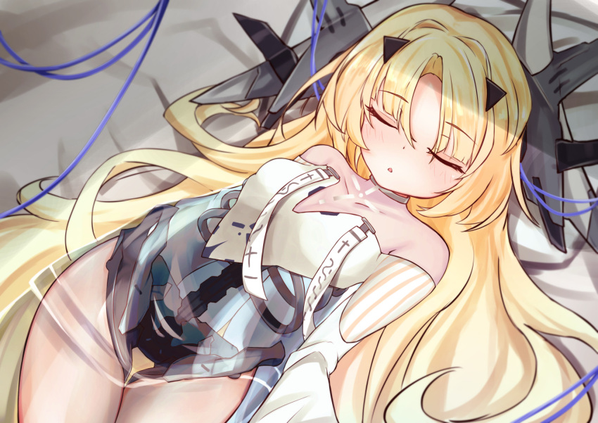 1girl bare_shoulders blonde_hair blush breasts cable collarbone contrail_mk1 cowboy_shot dress eyes_closed girls'_frontline girls'_frontline_neural_cloud hair_ornament headgear long_hair love_(girls'_frontline_nc) lying on_back parted_lips sanctifiers_(girls'_frontline_nc) see-through see-through_dress sleeping small_breasts solo thigh_gap very_long_hair