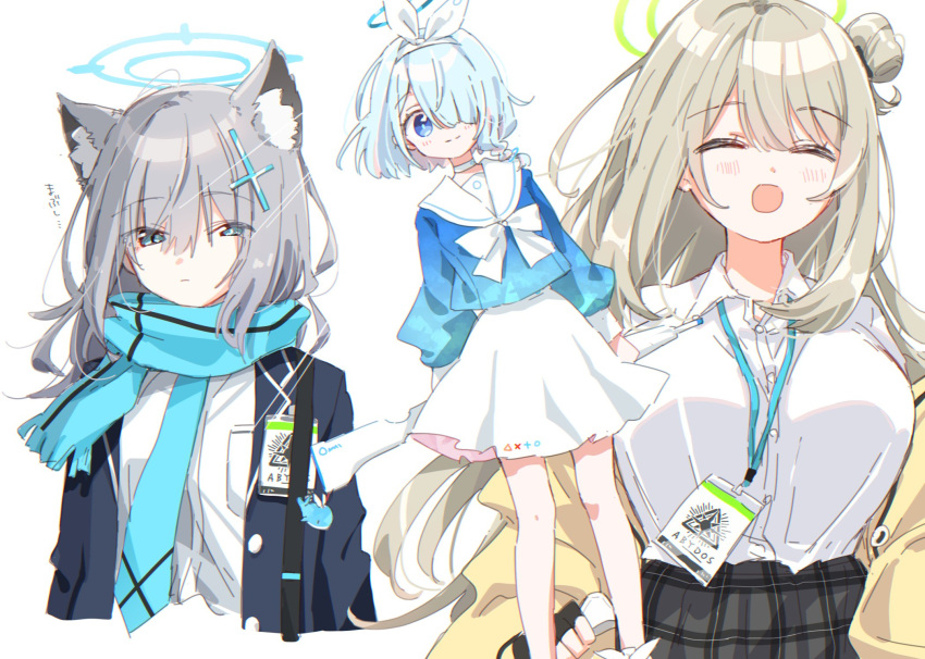 3girls animal_ear_fluff animal_ears arona_(blue_archive) bangs blue_archive blue_eyes blue_hair blue_jacket blue_scarf blue_serafuku blue_shirt bow bow_hairband braid breast_pocket breasts choker closed_eyes colored_inner_hair cross_hair_ornament extra_ears fingerless_gloves gloves grey_hair gun hair_bun hair_ornament hair_over_one_eye hairband halo highres holding holding_gun holding_weapon id_card jacket lanyard large_breasts long_hair matsuda_hikari medium_hair mismatched_pupils multicolored_hair multiple_girls necktie nonomi_(blue_archive) open_clothes open_jacket open_mouth plaid plaid_skirt pleated_skirt pocket ribbon sailor_collar scarf school_uniform serafuku shiroko_(blue_archive) shirt simple_background single_braid single_hair_bun single_side_bun skirt striped striped_scarf swept_bangs two-tone_hair weapon white_background white_bow white_choker white_footwear white_hairband white_ribbon white_sailor_collar white_shirt white_skirt wolf_ears