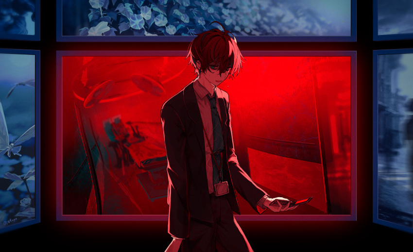 1boy absurdres c_asca cellphone coat collared_shirt flip_phone formal hair_between_eyes highres holding holding_phone hypnosis_mic id_card kannonzaka_doppo long_sleeves looking_at_viewer male_focus monitor open_clothes open_coat open_mouth phone red_hair shirt short_hair smile sweat