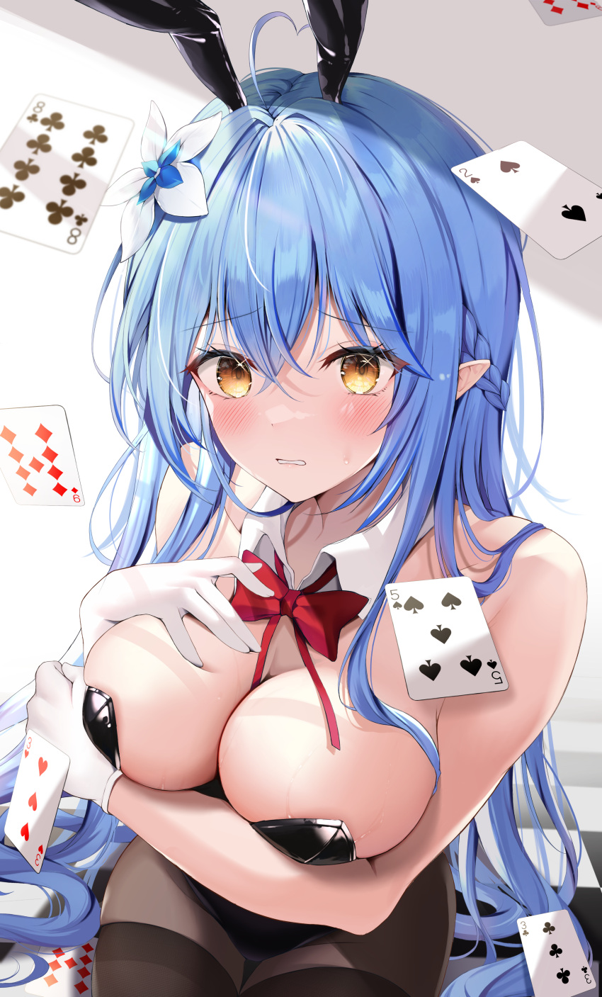 1girl absurdres ahoge animal_ears arm_under_breasts black_leotard blue_hair blush bow bowtie breasts card checkered_floor detached_collar falling_card gloves heart heart_ahoge highres hololive large_breasts leotard long_hair pantyhose parted_lips playboy_bunny playing_card pointy_ears rabbit_ears raised_eyebrows red_bow red_bowtie sitting solo utekiro very_long_hair virtual_youtuber white_gloves yellow_eyes yukihana_lamy