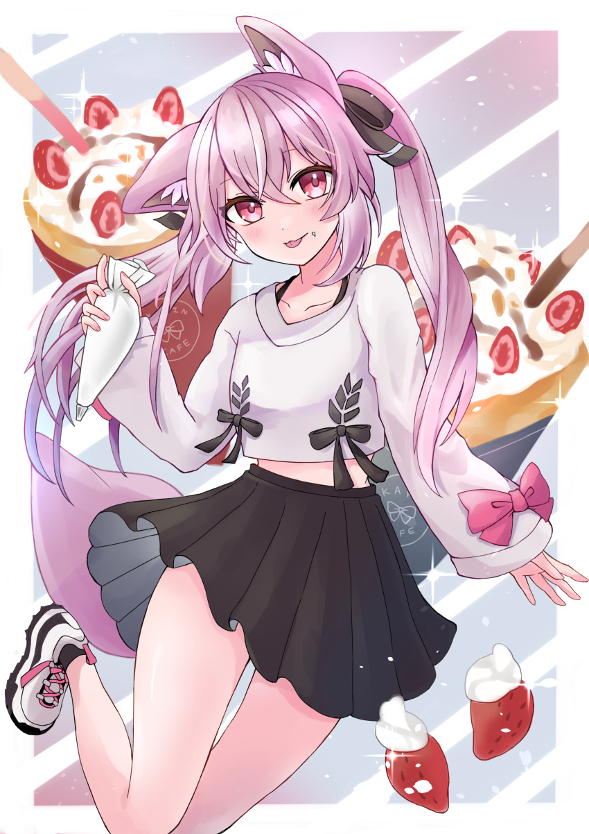 1girl :3 absurdres animal_ears ankle_socks bangs blush crepe crop_top ear_down food food_on_face fruit hair_ribbon highres holding long_hair long_sleeves midriff original pastry_bag pink_eyes pleated_skirt pocky purple_hair ribbon shoes skirt sleeve_bow smile sneakers socks solo sparkle standing standing_on_one_leg strawberry thigh_gap tongue tongue_out twintails very_long_hair vrchat whipped_cream white_lily030