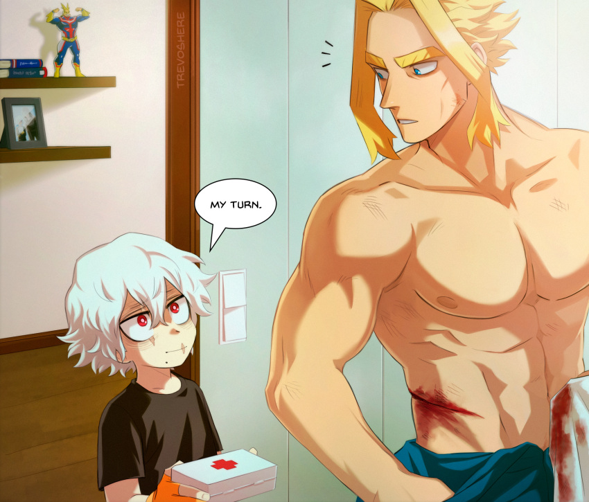 2boys abs aged_down all_might bangs black_shirt blonde_hair blue_eyes boku_no_hero_academia bruise collarbone cuts figure grey_hair highres holding indoors injury male_focus mole mole_under_mouth multiple_boys navel notice_lines parted_bangs parted_lips red_eyes scar scar_on_face shigaraki_tomura shirt short_hair short_sleeves teeth trevo_(trevoshere) wooden_floor yagi_toshinori