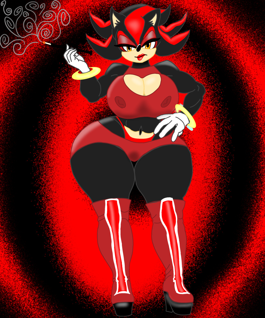 absurd_res big_breasts boots bottomwear bra breasts cigerette clothing eulipotyphlan footwear g-string hedgehog hi_res hotpants huge_breasts legwear mammal sega shadow_the_hedgehog shorts smoking sonic_the_hedgehog_(series) thigh_boots thigh_highs underwear wide_hips