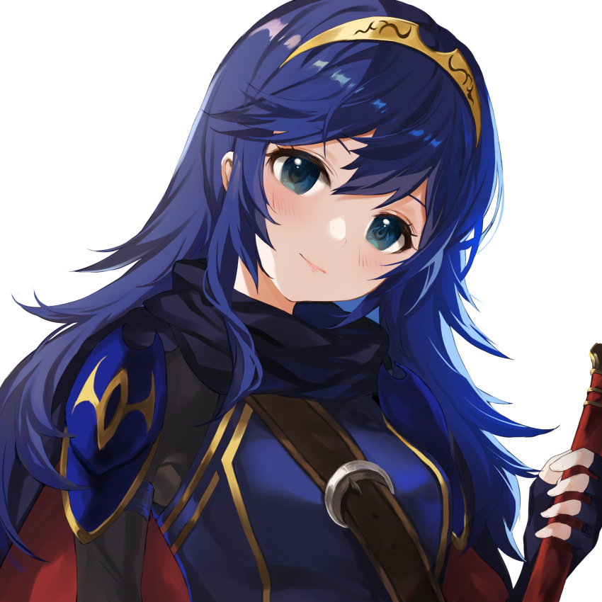 1girl armor bangs blue_cape blue_eyes blue_gloves blue_hair blush cape closed_mouth falchion_(fire_emblem) fingerless_gloves fire_emblem fire_emblem_awakening gloves hair_between_eyes head_tilt highres holding holding_sword holding_weapon jurge long_hair looking_at_viewer lucina_(fire_emblem) red_cape shoulder_armor simple_background smile solo sword tiara two-tone_cape upper_body weapon white_background