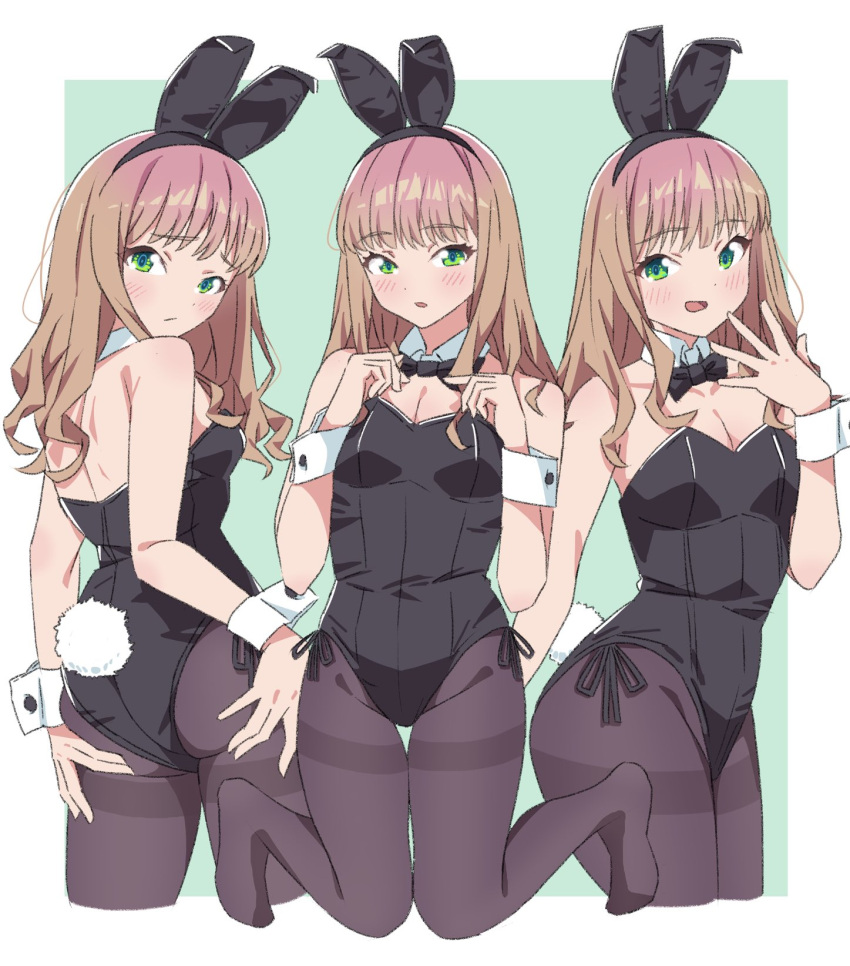 1girl adjusting_bowtie adjusting_clothes animal_ears black_bow black_leotard blush bow bowtie breasts brown_hair cleavage detached_collar fake_animal_ears fake_tail green_eyes gridman_universe hands_on_own_ass highres kneeling leotard minami_yume pantyhose playboy_bunny rabbit_ears rabbit_tail sho_(shoshos_8888) simple_background solo ssss.dynazenon strapless strapless_leotard tail wrist_cuffs