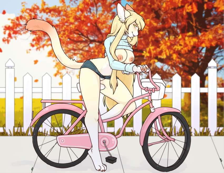 2017 anthro areola barefoot bicycle biped blonde_hair bottomwear breasts claws clothed clothing digital_media_(artwork) feet female green_eyes hair hindpaw long_hair looking_at_viewer mammal nipples outside pavement paws picket_fence pink_areola pink_nipples plant raised_clothing raised_sweater raised_topwear riding_bike skirt solo sweater toe_claws topwear tree zyira