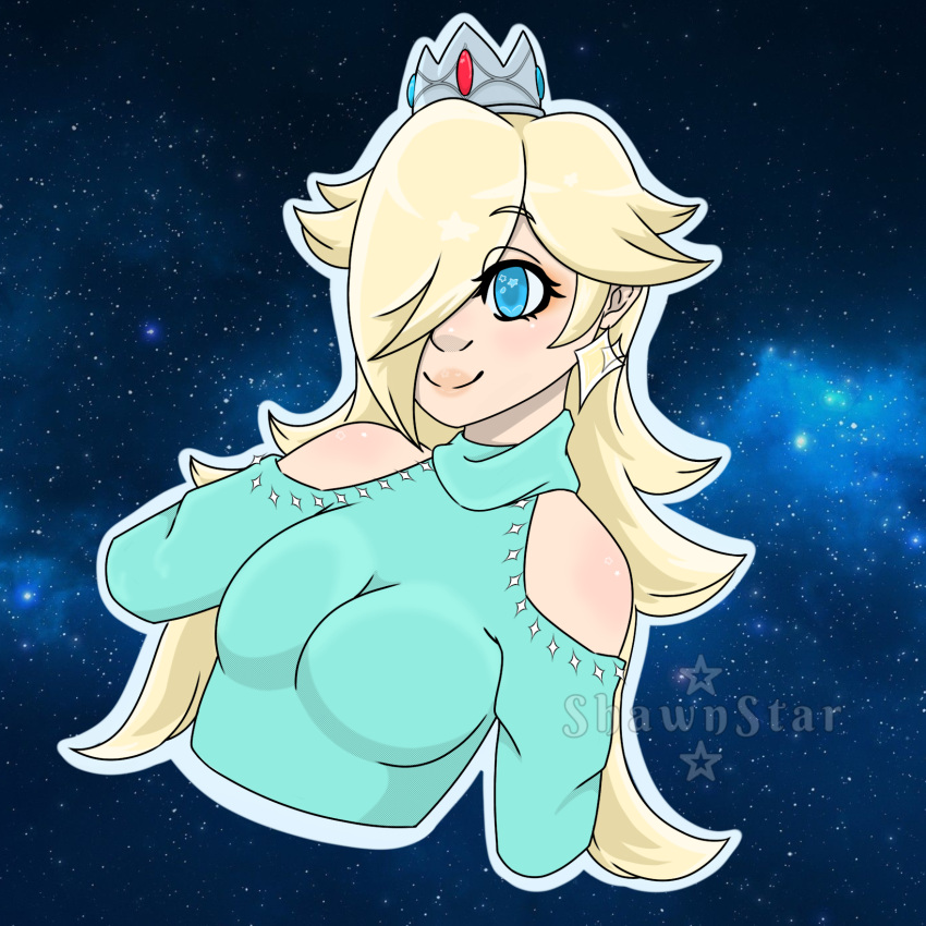 blonde_hair blue_eyes clothed clothing cosmic_background crown digital_media_(artwork) ear_piercing female hair hair_over_eye hi_res human looking_at_viewer mammal mario_bros nintendo one_eye_obstructed piercing rosalina_(mario) shaded shawnstar smile solo solo_focus space star starry_background super_mario_galaxy topwear video_games