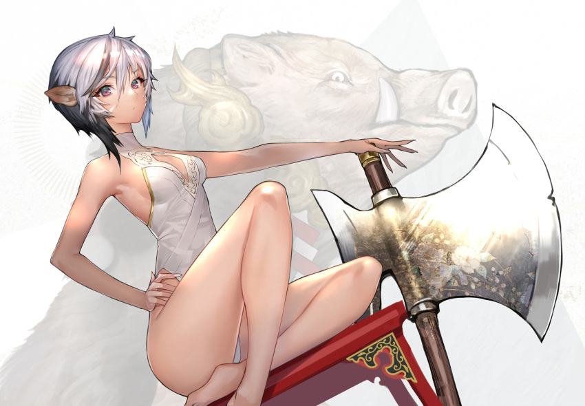 1girl animal_ears axe bangs bare_legs barefoot black_hair boar boar_ears breasts chinese_zodiac cleavage_cutout closed_mouth clothing_cutout commentary_request creature foot_out_of_frame gold_trim grey_hair hair_between_eyes hand_on_hip happy_new_year highleg highleg_leotard highres hitowa leotard looking_at_viewer medium_hair multicolored_hair new_year original pink_eyes sidelocks sitting small_breasts solo streaked_hair variant_set white_background white_hair year_of_the_pig