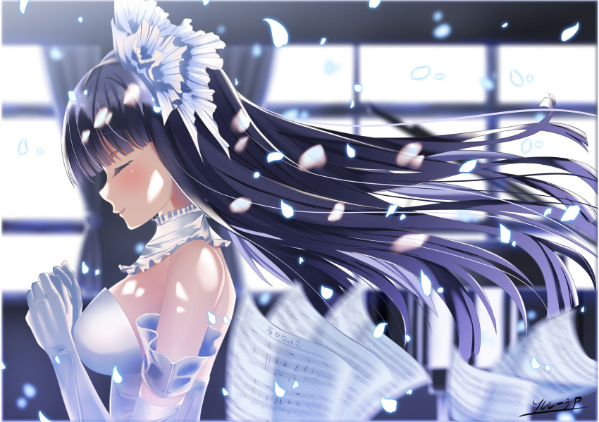 1girl black_hair blue_eyes bride dress highres long_hair musical_note touma_kazusa wedding white_album_2 yu-ip