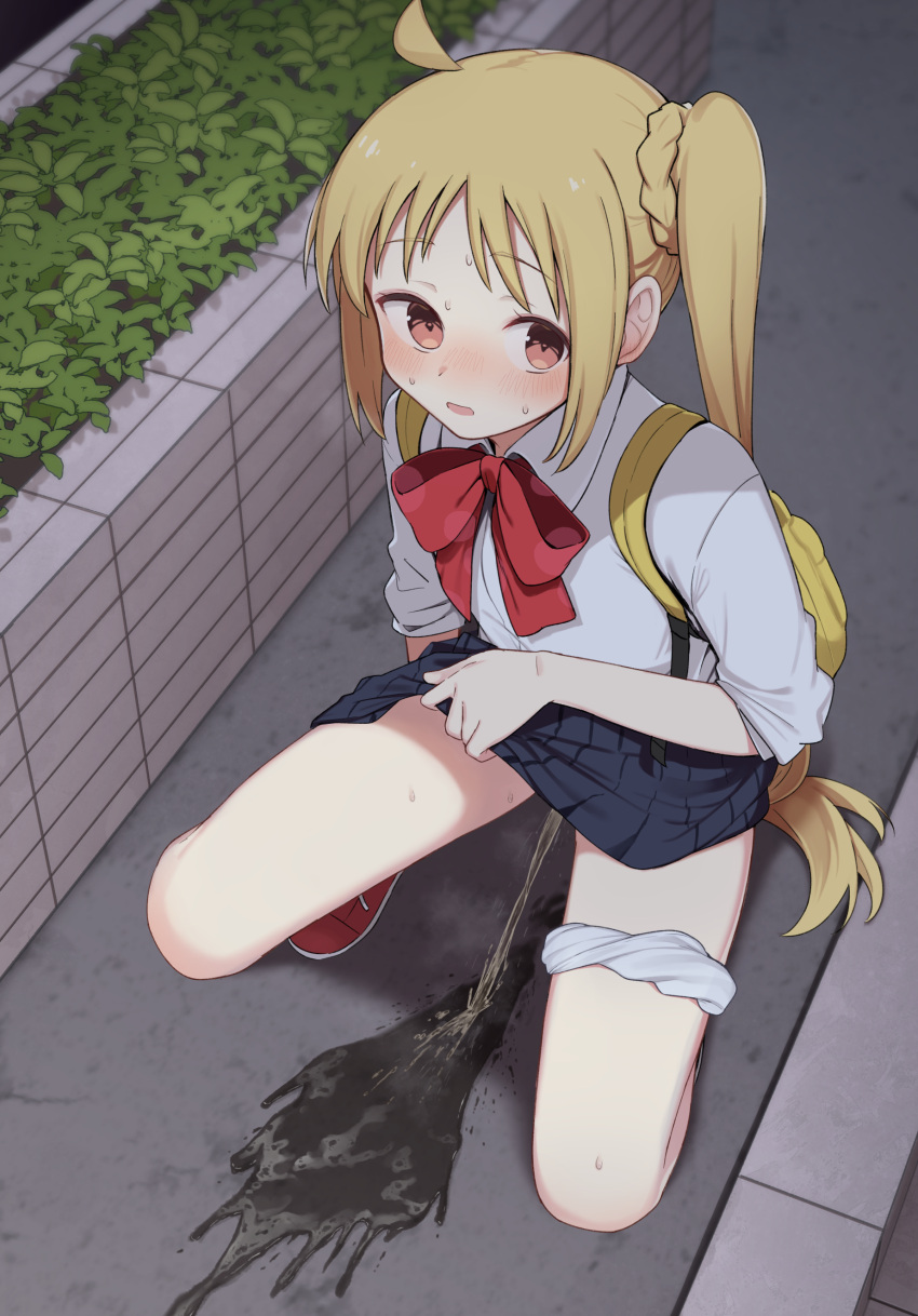 1girl absurdres ahoge backpack bag bangs blonde_hair blue_skirt blush bocchi_the_rock! bow brown_eyes clothes_lift collared_shirt embarrassed from_above highres ijichi_nijika lifted_by_self long_hair long_sleeves looking_to_the_side metaring open_mouth panties panties_around_one_leg pee peeing pleated_skirt puddle red_bow red_footwear school_uniform shimokitazawa_high_school_uniform shirt side_ponytail sidelocks skirt skirt_lift sleeves_rolled_up solo squatting sweat underwear white_panties white_shirt