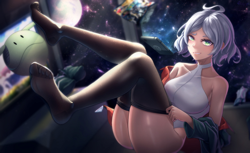 1girl ahoge bare_shoulders black_thighhighs blurry breasts commentary dark-skinned_female dark_skin depth_of_field floating floating_object food full_body furrowed_brow green_eyes green_jacket grey_hair grin gundam gundam_suisei_no_majo haro highres jacket leotard looking_at_viewer medium_breasts moon no_pants no_shoes non-humanoid_robot off_shoulder parted_lips pulled_by_self rayu_(snowwhite_ki) robot secelia_dote short_hair smile solo space tablet_pc tan thighhighs thighhighs_pull thighs white_leotard zero_gravity