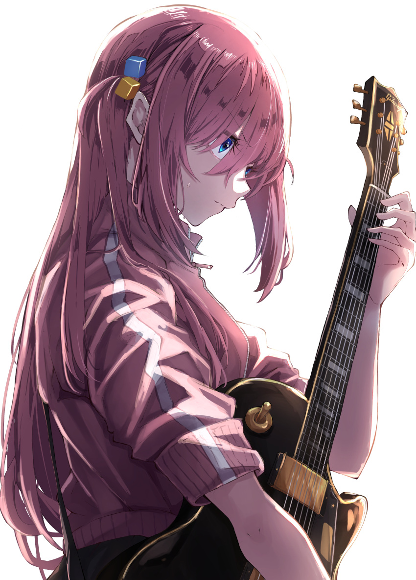 1girl absurdres blue_eyes bocchi_the_rock! cube_hair_ornament electric_guitar from_side gotou_hitori guitar hair_ornament highres instrument jacket long_hair long_sleeves music nuruponnu one_side_up pink_hair pink_jacket playing_instrument simple_background sleeves_pushed_up solo track_jacket upper_body v-shaped_eyebrows very_long_hair white_background