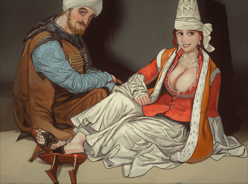1boy 1girl beard blue_eyes breasts cleavage closed_mouth facial_hair geta hat highres jewelry large_breasts long_sleeves looking_at_viewer mossacannibalis necklace original pearl_necklace red_vest sandals sitting smile turban vest