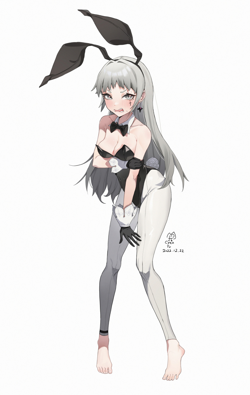 1girl absurdres animal_ears arknights artist_name bare_shoulders barefoot black_bow black_bowtie black_gloves black_leotard blush bow bowtie breasts cleavage collarbone cyan_yu dated earrings embarrassed fake_animal_ears fake_tail full_body gloves grey_eyes grey_hair grey_pantyhose highres irene_(arknights) jewelry leotard long_hair medium_breasts open_mouth pantyhose playboy_bunny rabbit_ears rabbit_tail scar scar_across_eye scar_on_face solo standing strapless strapless_leotard tail tearing_up tears v-shaped_eyebrows very_long_hair wrist_cuffs