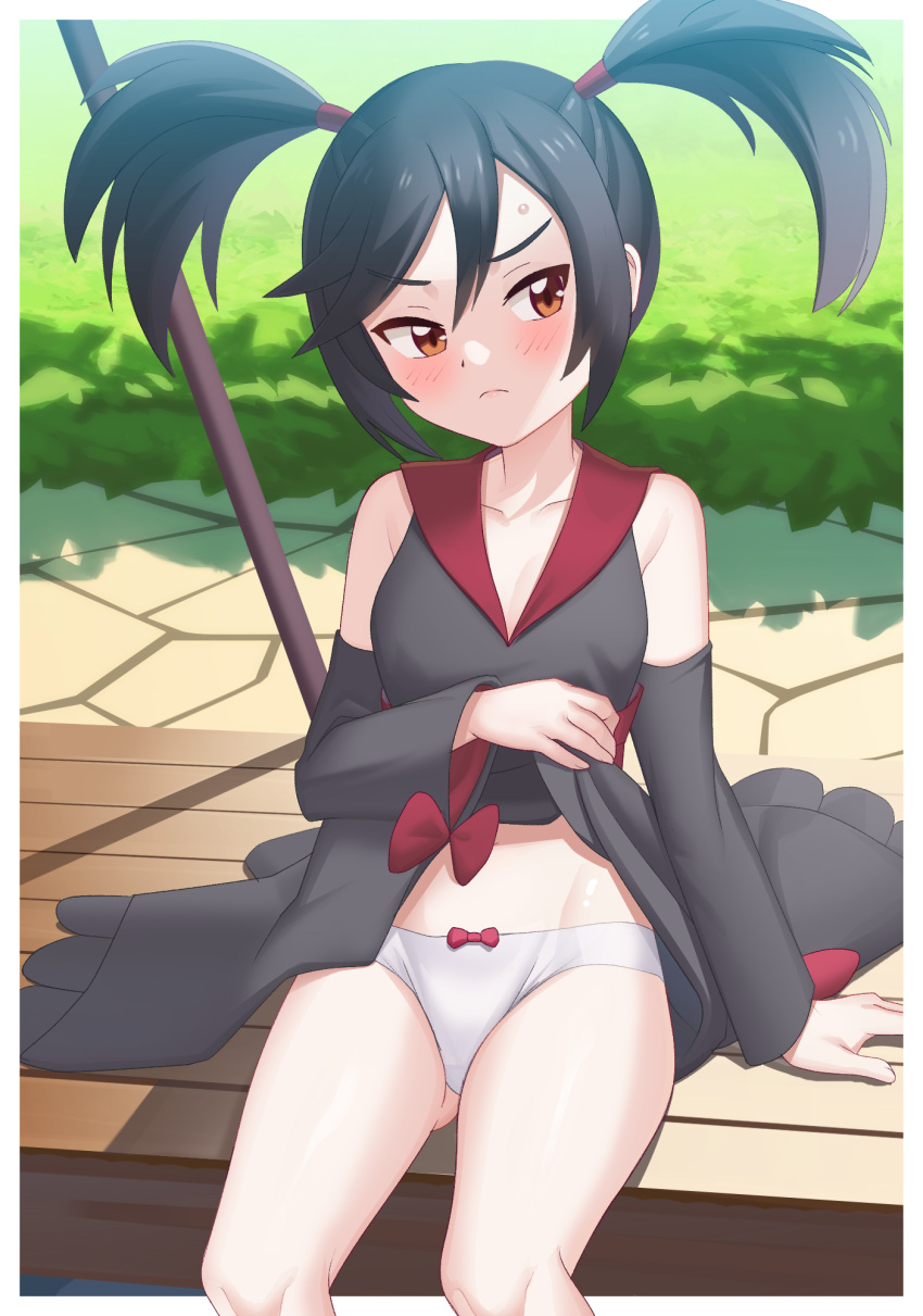 1girl arm_support bangs bare_shoulders black_hair black_kimono border bow breasts brown_eyes cleavage clothes_lift collarbone commentary_request day detached_sleeves furisode_girl_(pokemon) furisode_girl_kali gazing_eye highres japanese_clothes kimono kimono_lift knees looking_away outdoors panties pokemon pokemon_(game) pokemon_xy red_bow sideways_glance sitting solo sweatdrop translation_request two_side_up underwear white_border white_panties