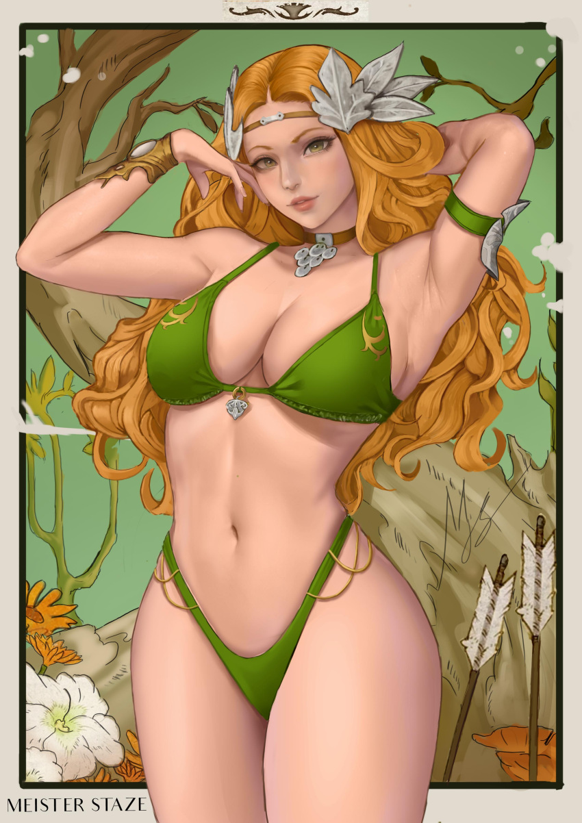 1girl absurdres arm_behind_head arm_up armpits arrow_(projectile) artist_name bare_shoulders bikini branch breasts choker cleavage cowboy_shot final_fantasy final_fantasy_xiv flower green_bikini green_eyes hair_ornament hand_up highleg highres large_breasts leaf_hair_ornament lips long_hair meister_staze navel nophica orange_hair parted_lips smile solo standing swimsuit tree wide_hips