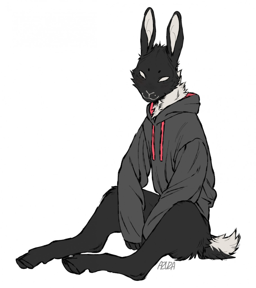 anthro azuza black_body black_fur bottomless butt_tuft cheek_tuft closed_smile clothed clothing empty_eyes facial_tuft full-length_portrait fur grey_clothing grey_hoodie grey_topwear head_tuft hi_res hoodie hooves hybrid lagomorph leporid long_ears male mammal mouth_closed neck_tuft portrait rabbit signature simple_background sitting solo topwear tuft white_background white_body white_fur