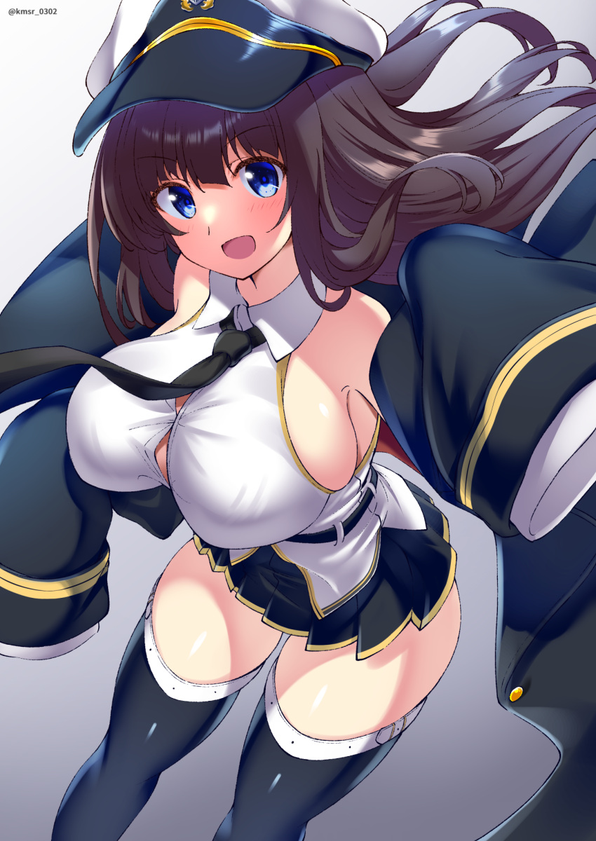 1girl :d azur_lane black_necktie black_thighhighs blue_eyes breasts brown_hair button_gap cleavage commentary_request cosplay enterprise_(azur_lane) enterprise_(azur_lane)_(cosplay) hat highres kamishiro_(rsg10679) large_breasts long_hair long_island_(azur_lane) looking_at_viewer necktie open_mouth sleeves_past_fingers sleeves_past_wrists smile solo thighhighs thighs twitter_username