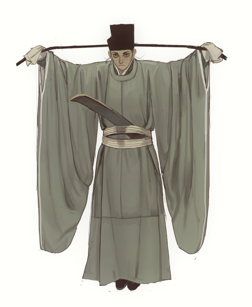 1boy absurdres brown_eyes chinese_clothes closed_mouth freckles full_body hat highres holding looking_at_viewer male_focus mossacannibalis original sash simple_background solo standing tate_eboshi white_background