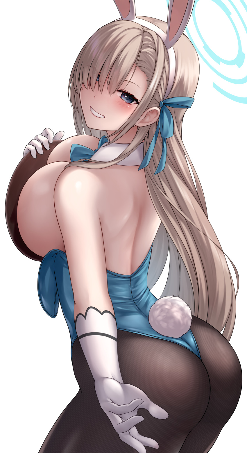 1girl absurdres animal_ears aqua_leotard ass asuna_(blue_archive) asuna_(bunny)_(blue_archive) back blue_archive blue_bow blue_bowtie blue_eyes blue_leotard bow bowtie braid braided_bun breasts chien_zero covering covering_breasts detached_collar elbow_gloves fake_animal_ears fake_tail gloves hair_bun hair_over_one_eye hair_ribbon halo highleg highleg_leotard highres large_breasts leotard light_brown_hair looking_at_viewer mole mole_on_breast official_alternate_costume pantyhose playboy_bunny rabbit_ears rabbit_tail ribbon solo strapless strapless_leotard tail thighband_pantyhose traditional_bowtie tray wrist_cuffs