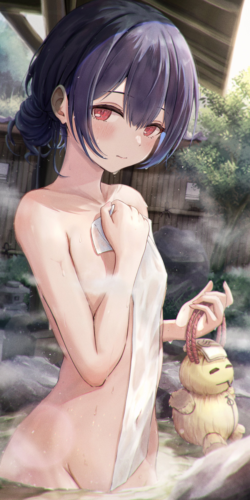 1girl absurdres bangs bath blue_hair blush closed_mouth convenient_censoring covering dark_blue_hair doll flat_chest hair_bun highres holding holding_towel idolmaster idolmaster_shiny_colors looking_at_viewer masuku_(saint_mask) morino_rinze naked_towel nude nude_cover onsen outdoors partially_submerged red_eyes rock single_hair_bun solo standing steam steam_censor straw_doll towel water wet wet_hair wet_towel