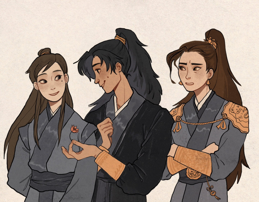3boys armor belt black_hair black_hanfu blue_hanfu bracer brown_eyes brown_hair chinese_clothes commentary crossed_arms dark-skinned_male dark_skin dimple english_commentary erha_he_ta_de_bai_mao_shizun eye_contact flower grey_eyes hanfu high_ponytail highres long_hair looking_at_another male_focus mo_ran mole mole_under_eye multiple_boys ponytail red_flower shi_mei shoulder_armor smile tassel white_background xiao_guan_(headdress) xue_meng yaoi yaroslava_murashko