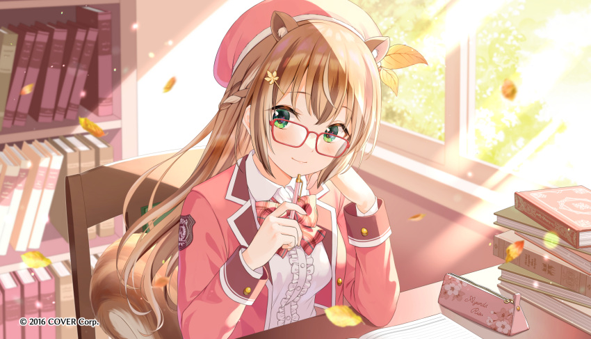 1girl animal_ear_fluff animal_ears ayunda_risu book book_stack bow bowtie braid brown_hair cabinet chair character_name collared_shirt frilled_shirt frills glasses green_eyes hair_ornament hairpin head_rest highres holding holding_pen hololive hololive_indonesia jacket leaf long_hair long_sleeves maple_leaf multicolored_hair official_art open_book pen pencil_case pink_jacket red-framed_eyewear shirt sitting solo squirrel_ears squirrel_girl squirrel_tail sunlight tail virtual_youtuber window yatomi