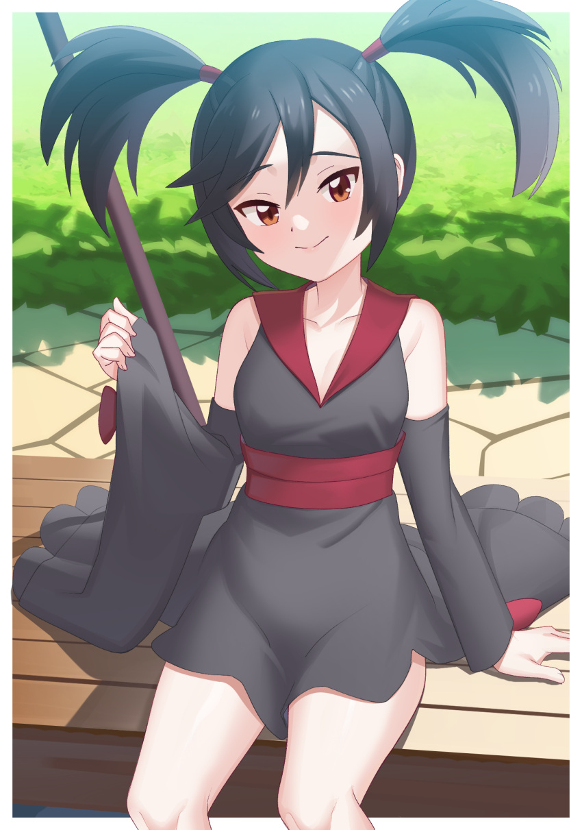 1girl arm_support bangs bare_shoulders black_hair black_kimono border breasts brown_eyes cleavage closed_mouth collarbone commentary_request day detached_sleeves furisode_girl_(pokemon) furisode_girl_kali gazing_eye hand_up highres japanese_clothes kimono knees looking_at_viewer outdoors pokemon pokemon_(game) pokemon_xy sitting smile solo translation_request two_side_up white_border wide_sleeves