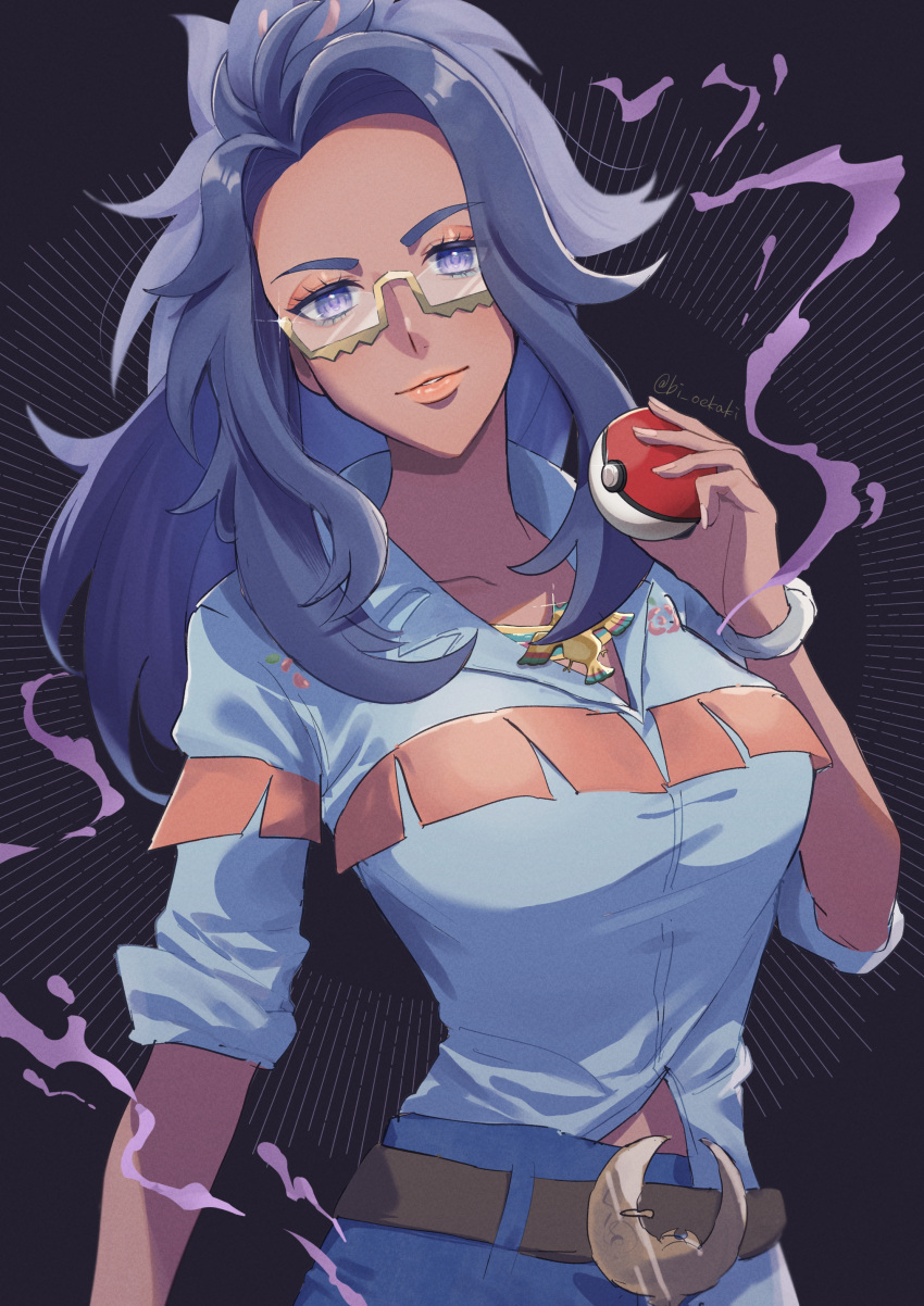 12_hnt 1girl absurdres belt black_hair blue_pants bracelet breasts brown_belt collared_shirt commentary_request eyelashes glasses grey_eyes hand_up highres holding holding_poke_ball jewelry long_hair looking_at_viewer pants parted_lips poke_ball poke_ball_(basic) pokemon pokemon_(game) pokemon_sv raifort_(pokemon) semi-rimless_eyewear shirt sleeves_rolled_up smile solo