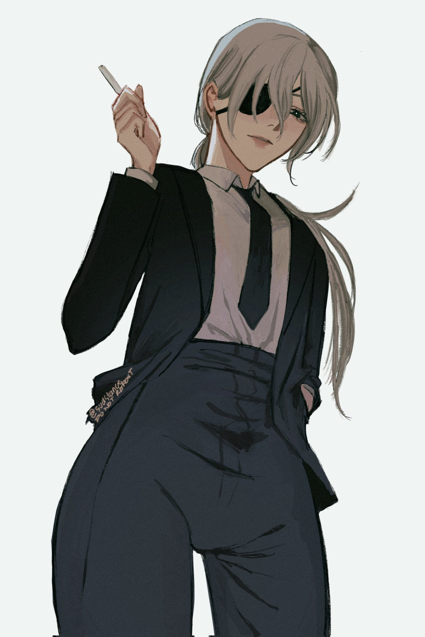 1girl black_jacket black_necktie black_pants chainsaw_man cigarette collared_shirt commentary cowboy_shot eyepatch formal grey_hair hand_in_pocket highres holding holding_cigarette jacket long_hair looking_at_viewer necktie pants ponytail quanxi_(chainsaw_man) shirt shirt_tucked_in simple_background solo sudstance suit suit_jacket white_background white_shirt