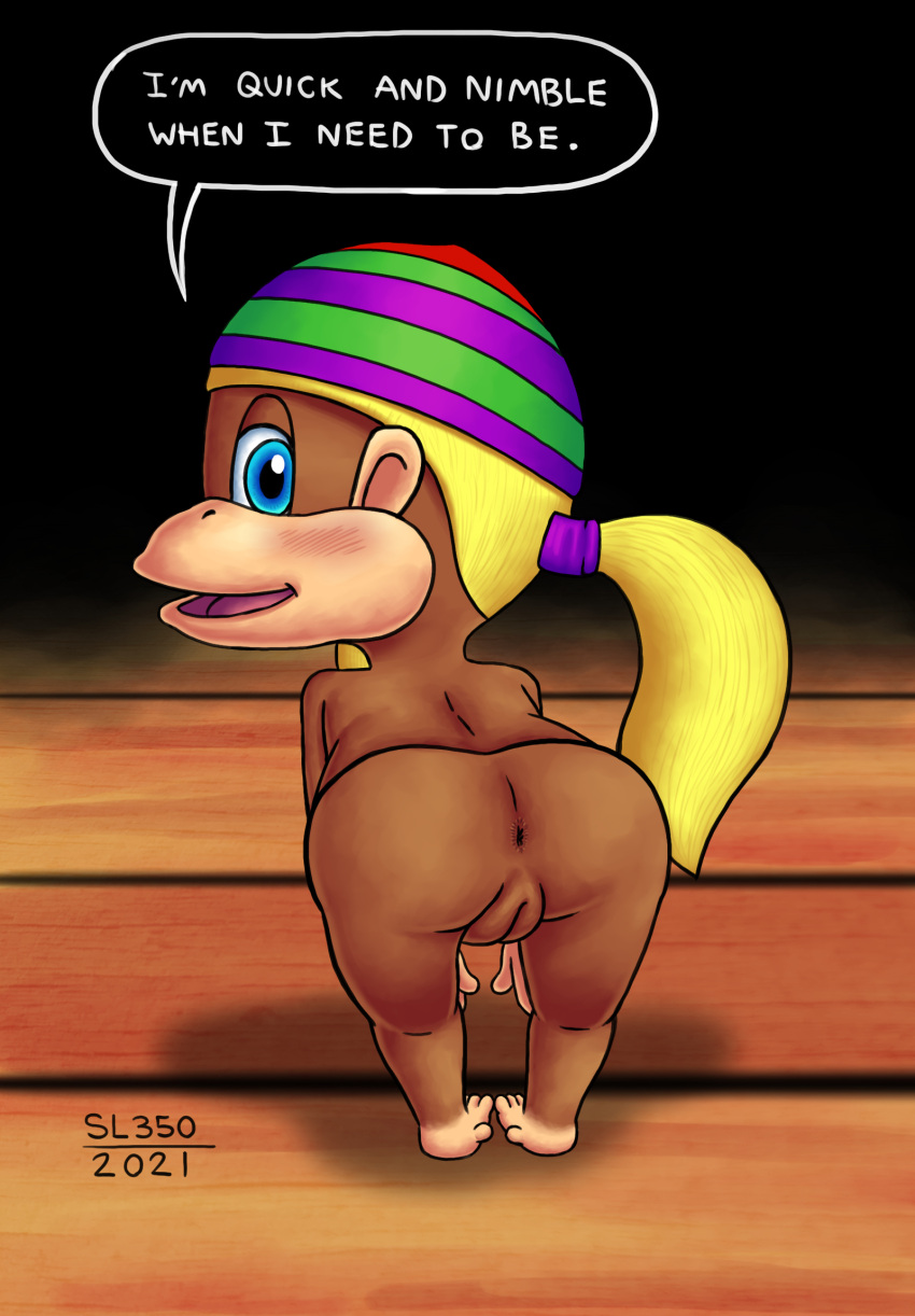 2021 beanie blonde_hair butt clothing donkey_kong_(series) donkey_kong_64 english_text female hair haplorhine hat headgear headwear hi_res looking_at_viewer mammal monkey nintendo nude ponytail presenting primate rareware sl350 smile solo speech_bubble text tiny_kong