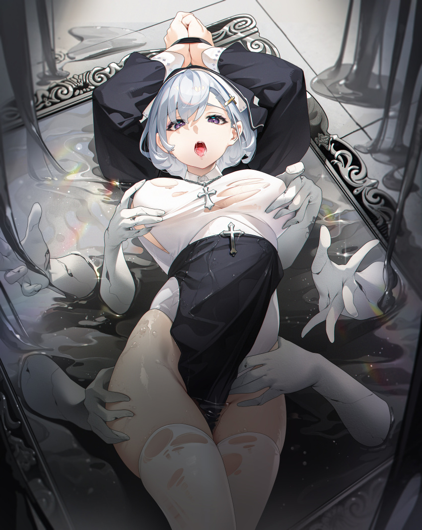 1girl absurdres arms_up black_dress bound bound_wrists breast_grab breasts cross dress grabbing grey_hair groin habit highres large_breasts long_sleeves looking_at_viewer lying no_panties nun on_back open_mouth original pelvic_curtain picture_frame purple_eyes rosary saliva short_hair solo thigh_grab thighhighs tongue tongue_out torn_clothes torn_dress torn_thighhighs two-tone_dress uvula veil white_dress white_thighhighs yuwan_2333
