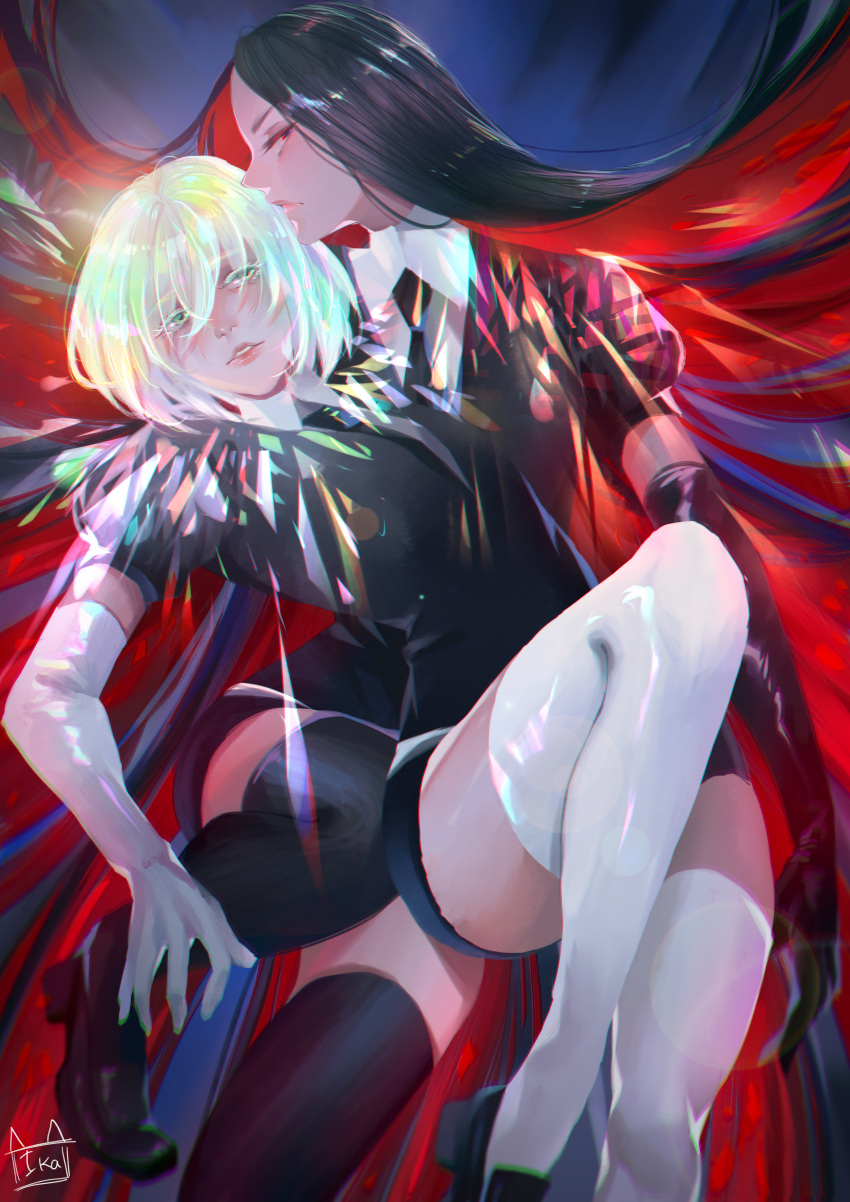 2others absurdly_long_hair absurdres androgynous black_gloves black_hair black_necktie black_shirt black_thighhighs bob_cut bort collared_shirt crystal_hair diamond_(houseki_no_kuni) dress_shirt elbow_gloves gem gem_uniform_(houseki_no_kuni) gloves glowing glowing_hair highres houseki_no_kuni ichisan knee_up loafers long_hair looking_at_viewer multiple_others necktie puffy_short_sleeves puffy_sleeves serious shirt shoes short_hair short_jumpsuit short_shorts short_sleeves shorts straight_hair thighhighs very_long_hair white_gloves white_shirt white_thighhighs