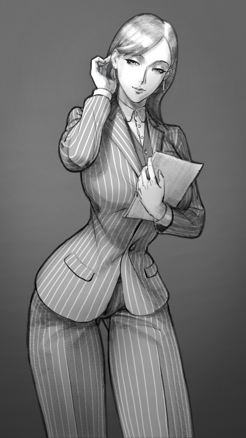 1girl absurdres ass_visible_through_thighs breasts closed_mouth earrings formal greyscale hair_tucking highres holding jacket jewelry large_breasts leaning_forward long_hair long_sleeves looking_at_viewer monochrome office_lady original pant_suit pants smile solo striped striped_jacket striped_pants suit vest wassnonnam