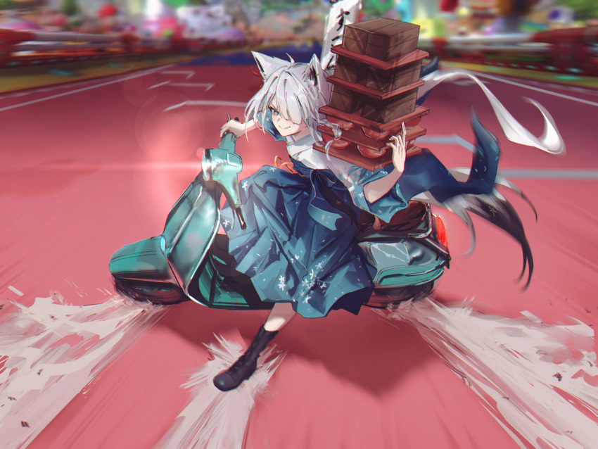 1girl ahoge akira_slide animal_ear_fluff animal_ears bangs black_footwear blurry blurry_background boots braid commentary_request drifting earrings food fox_ears fox_girl fox_tail green_eyes green_kimono hair_between_eyes hair_over_one_eye highres holding hololive hyde_(tabakko) japanese_clothes jewelry kimono long_hair looking_at_viewer motion_lines noodles on_scooter parody shirakami_fubuki sidelocks single_braid sliding smile soba solo tail virtual_youtuber white_hair white_kimono