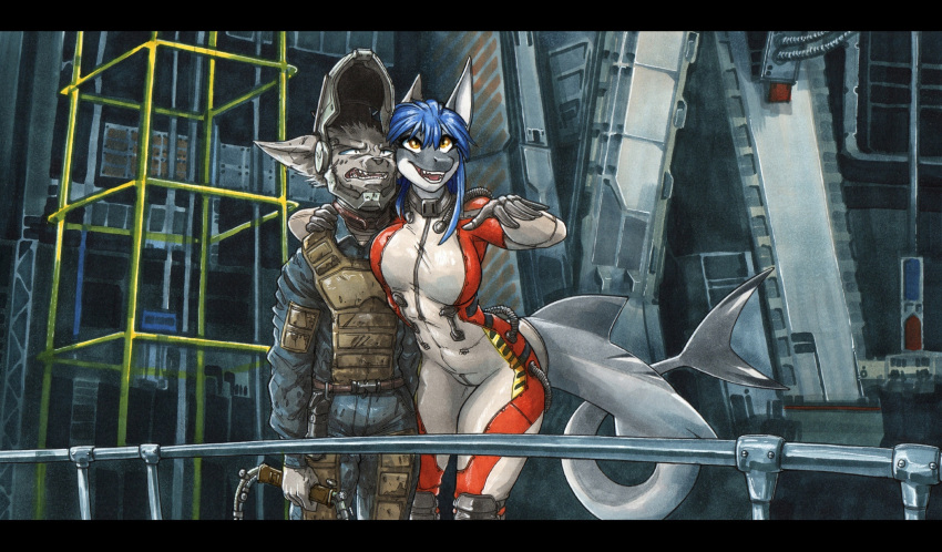 2023 anthro biped blue_hair bodysuit breasts canid canine canis clothing detailed_background duo ewgengster_(artist) face_shield female fish fur grey_body grey_fur hair hi_res male mammal marine mask mechanic non-mammal_breasts orange_eyes shark skinsuit tight_clothing traditional_media_(artwork) welding_mask welding_torch wolf