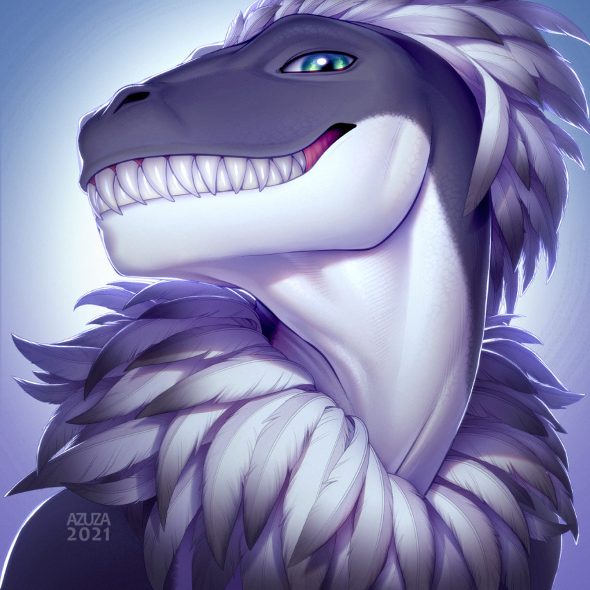 1:1 2021 ambiguous_gender anthro artist_name azuza bust_portrait dated feathers glistening glistening_eyes gradient_feathers green_eyes grey_body grey_feathers grin head_feathers hi_res looking_at_viewer portrait sharp_teeth simple_background smile solo species_request teeth white_body white_feathers