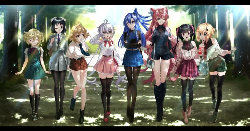 6+girls :o ;) ^_^ absurdres ahoge akatsuki_kirika arms_behind_back bangs black_border black_footwear black_hair black_jacket black_necktie black_pantyhose black_shirt black_shorts black_socks black_thighhighs blazer blonde_hair blue_bow blue_bowtie blue_hair blue_skirt boots border bow bowtie brown_eyes brown_shorts carol_malus_dienheim closed_eyes closed_mouth clothing_cutout collarbone collared_shirt cone_hair_bun crossed_arms dappled_sunlight dress drinking drinking_straw full_body green_dress green_eyes green_shorts grey_hair grey_shirt grey_skirt grin hair_between_eyes hair_bow hair_bun hair_ornament hair_ribbon hand_in_own_hair high-waist_skirt high_ponytail highres holding jacket kazanari_tsubasa kohinata_miku layered_skirt letterboxed long_hair long_sleeves maria_cadenzavna_eve miniskirt multiple_girls neck_ribbon necktie nyanmaru one_eye_closed open_clothes open_jacket open_mouth pantyhose pinafore_dress pink_hair pink_ribbon pink_skirt plaid_necktie pleated_skirt purple_eyes red_bow red_bowtie red_eyes red_necktie red_ribbon red_skirt ribbon senki_zesshou_symphogear shirt short_hair short_shorts shorts shoulder_cutout side_ponytail skirt sleeveless sleeveless_jacket smile socks sparkle sunlight tachibana_hibiki_(symphogear) thigh_boots thigh_gap thighhighs tsukuyomi_shirabe twintails very_long_hair walking white_bow white_shirt wing_collar x_hair_ornament yukine_chris zettai_ryouiki